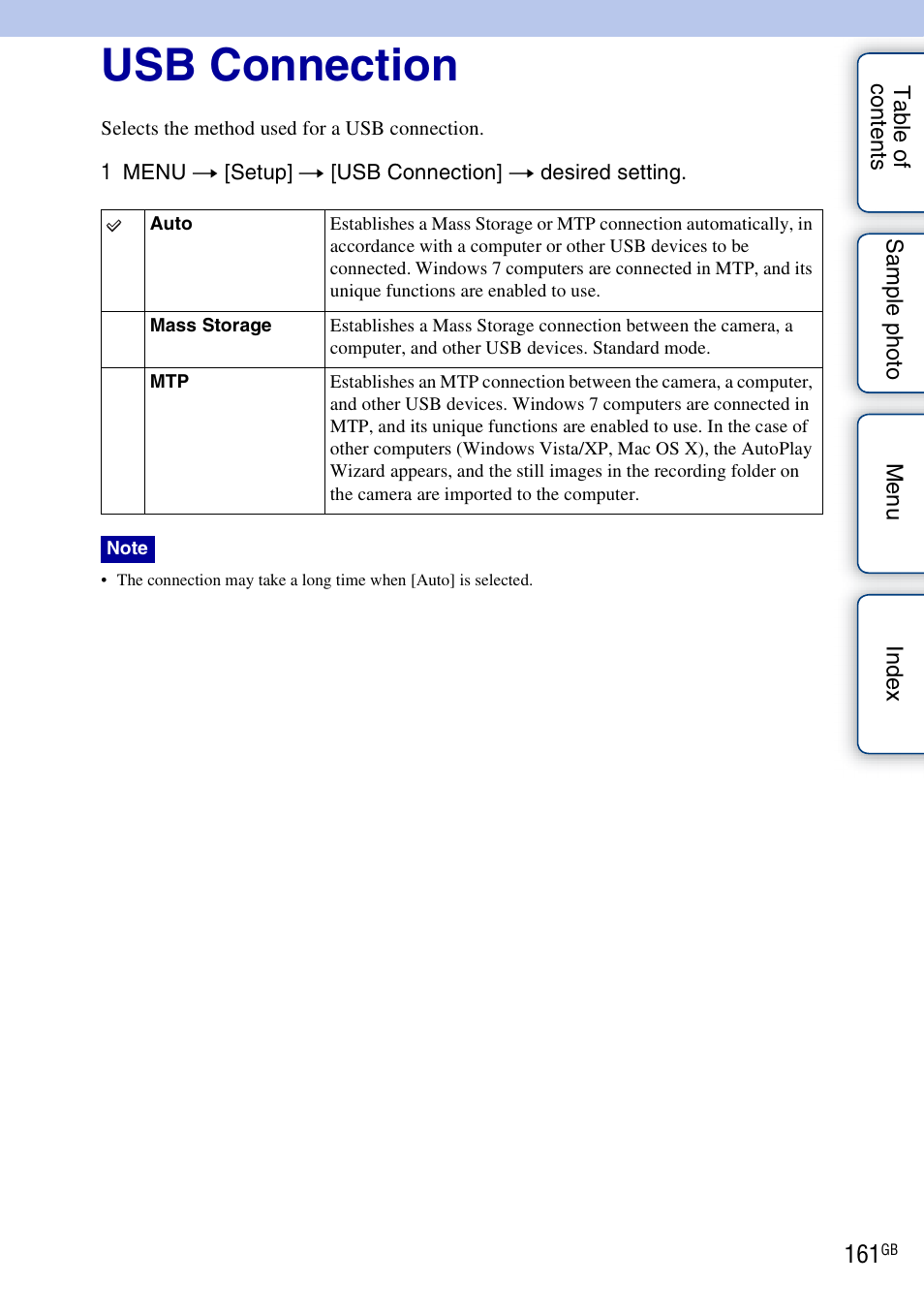 Usb connection | Sony NEX-7K User Manual | Page 161 / 211