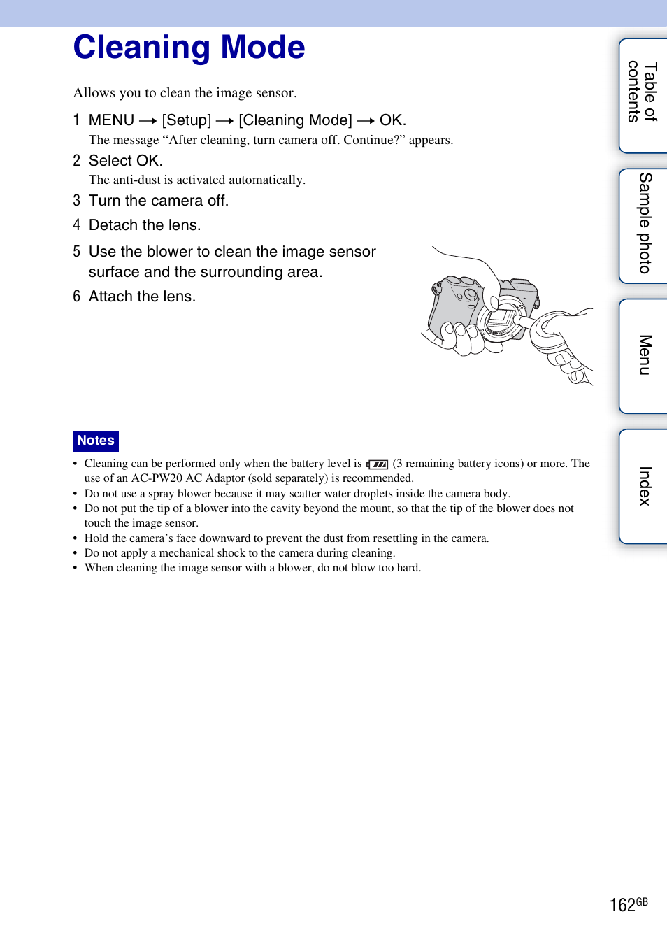 Cleaning mode | Sony NEX-7K User Manual | Page 162 / 211