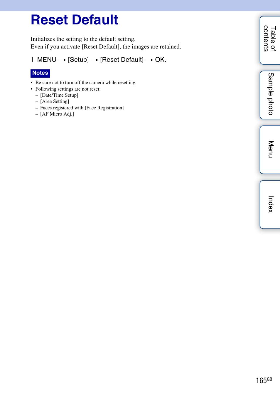 Reset default | Sony NEX-7K User Manual | Page 165 / 211