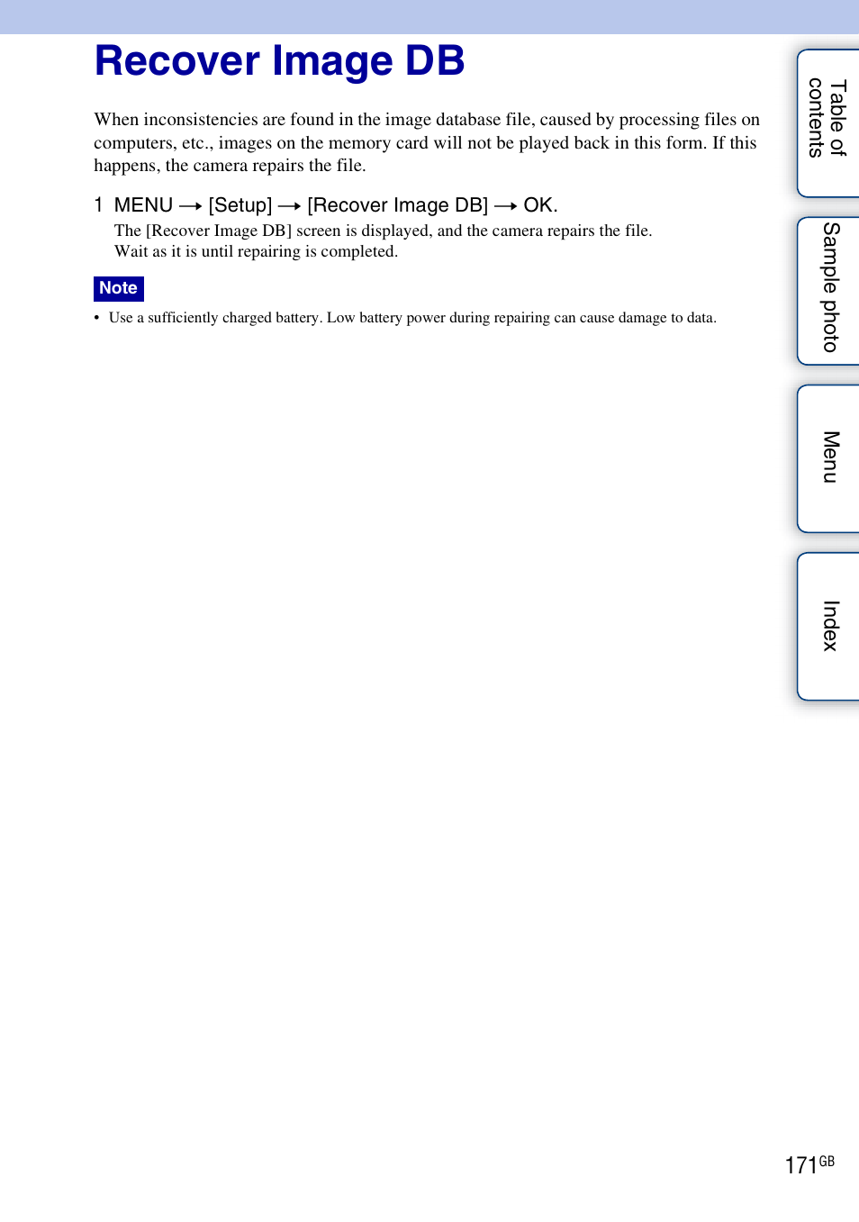Recover image db | Sony NEX-7K User Manual | Page 171 / 211