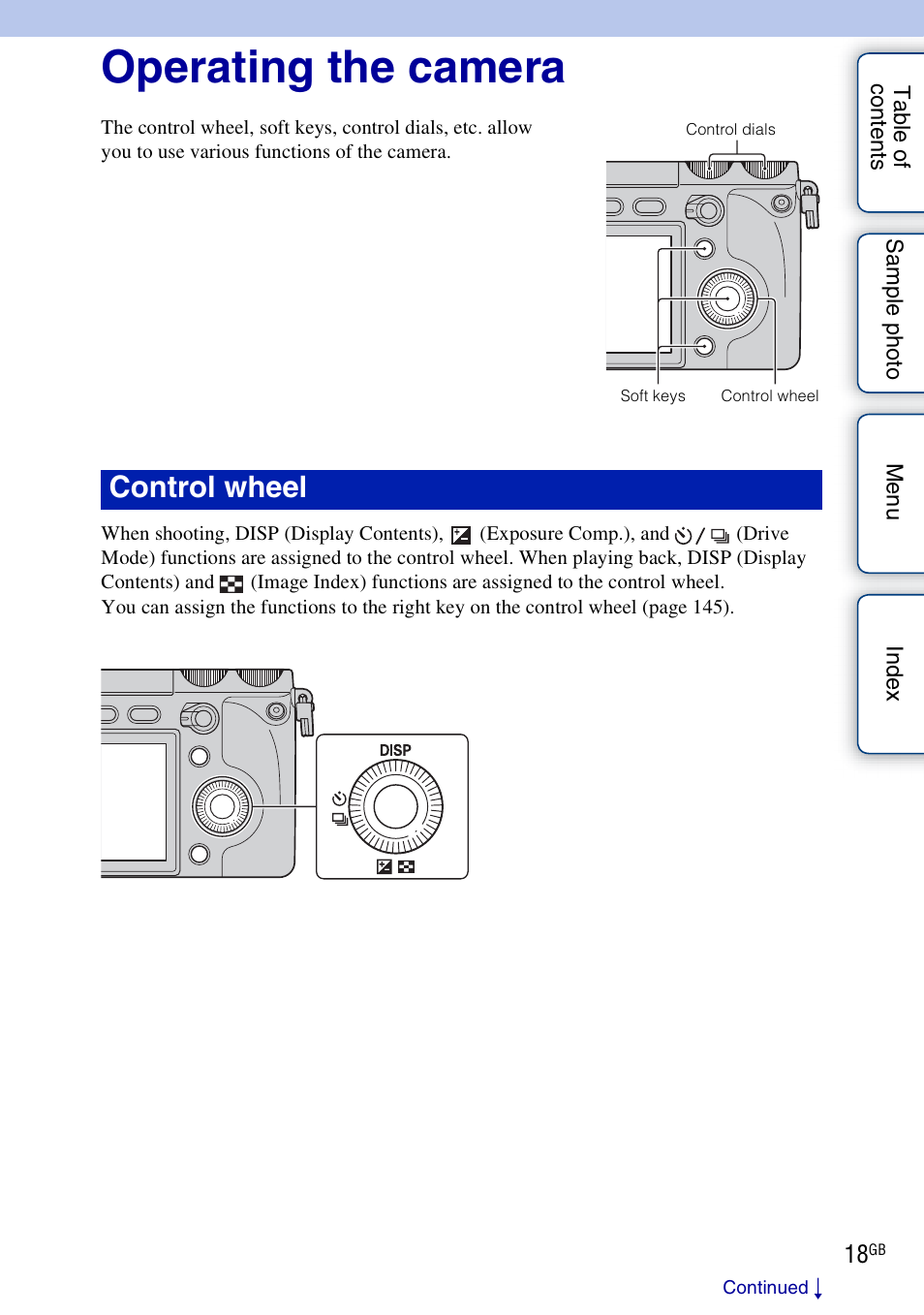 Operating the camera, Basic operations, Control wheel | Sony NEX-7K User Manual | Page 18 / 211