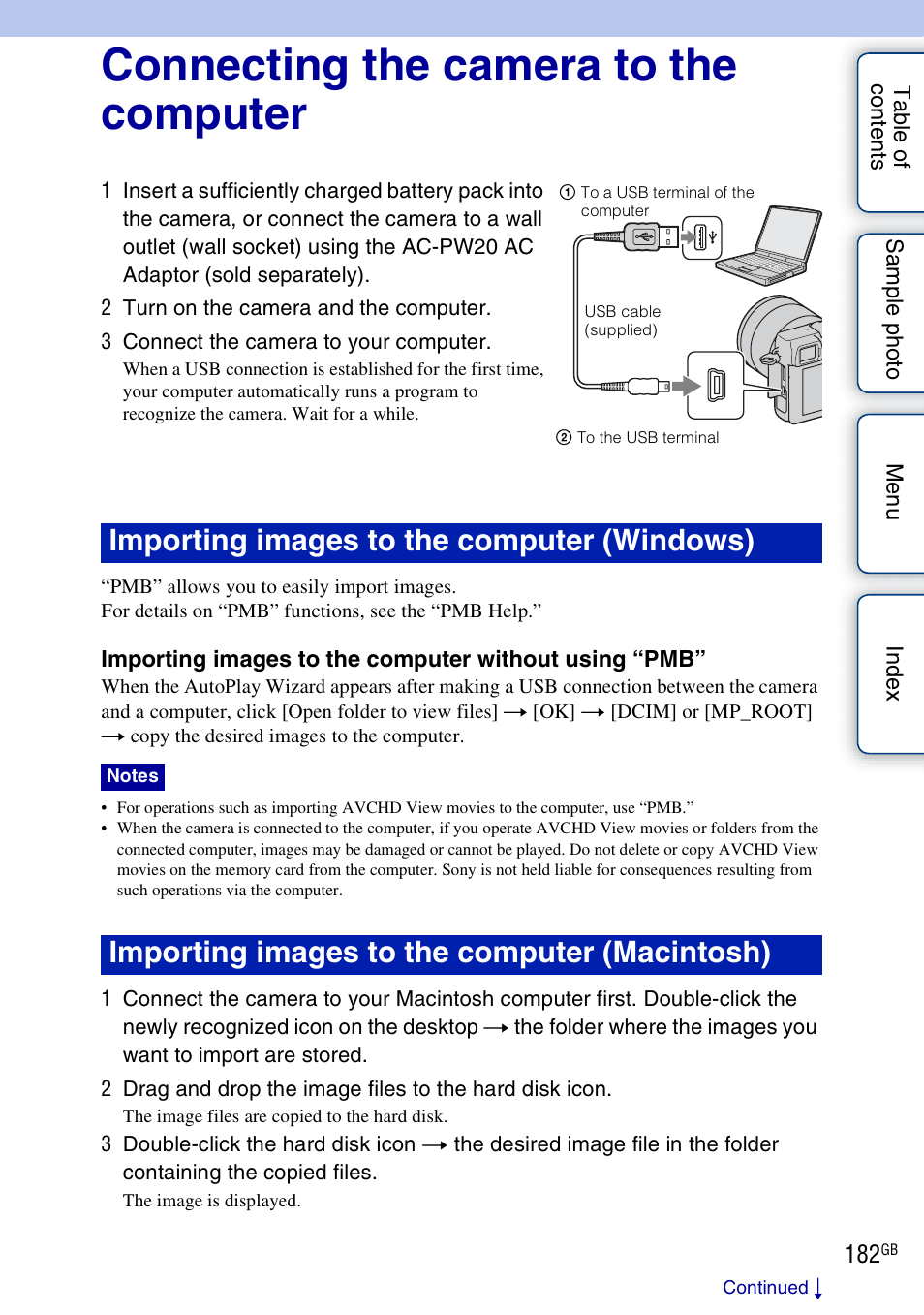 Connecting the camera to the computer, 182). i, Importing images to the computer (windows) | Importing images to the computer (macintosh) | Sony NEX-7K User Manual | Page 182 / 211