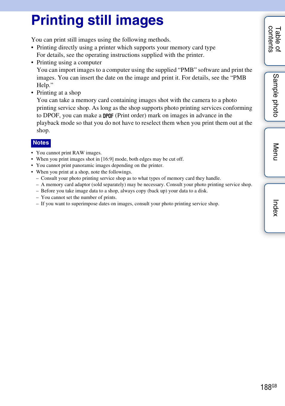Printing still images | Sony NEX-7K User Manual | Page 188 / 211