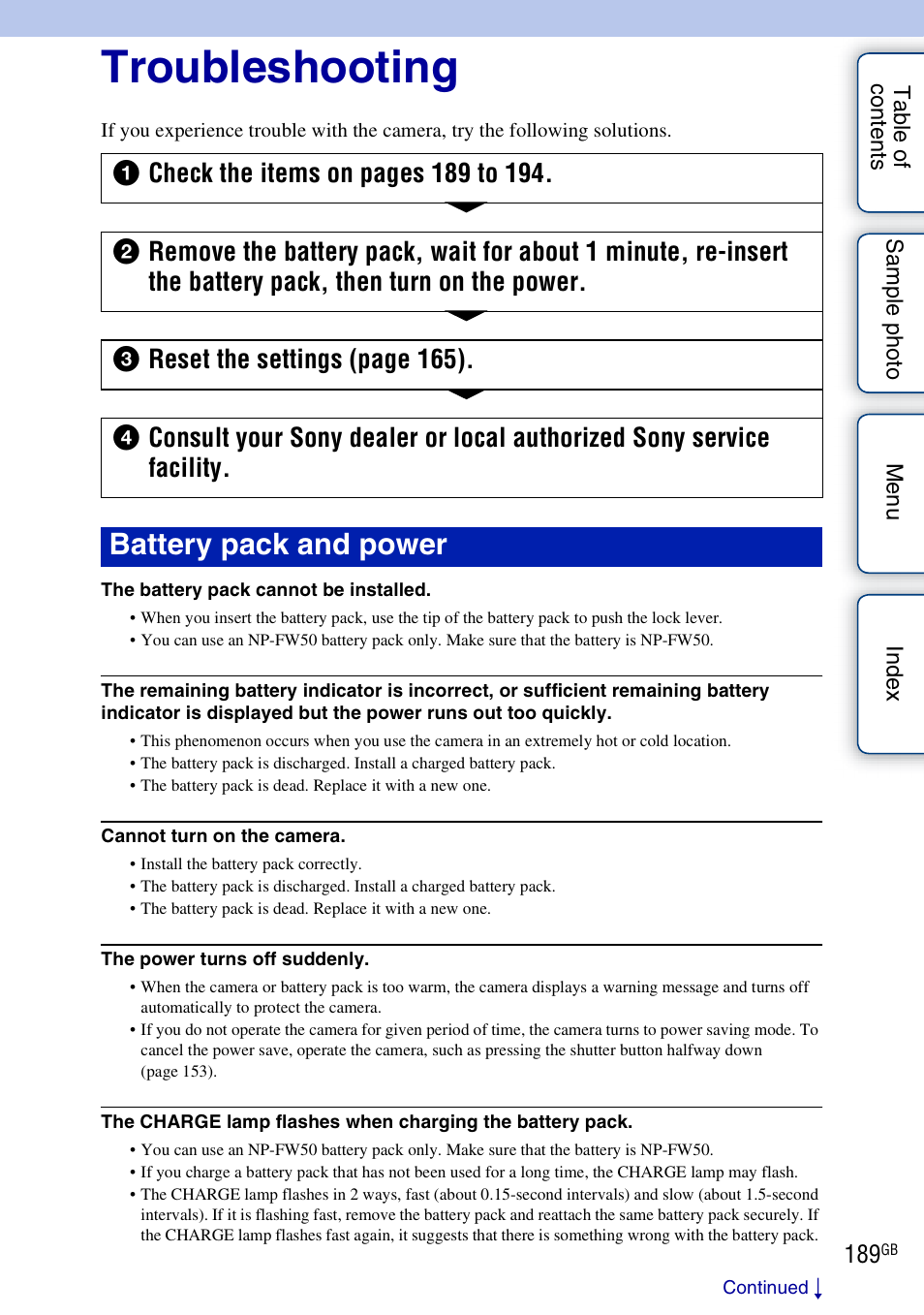 Troubleshooting, Battery pack and power | Sony NEX-7K User Manual | Page 189 / 211