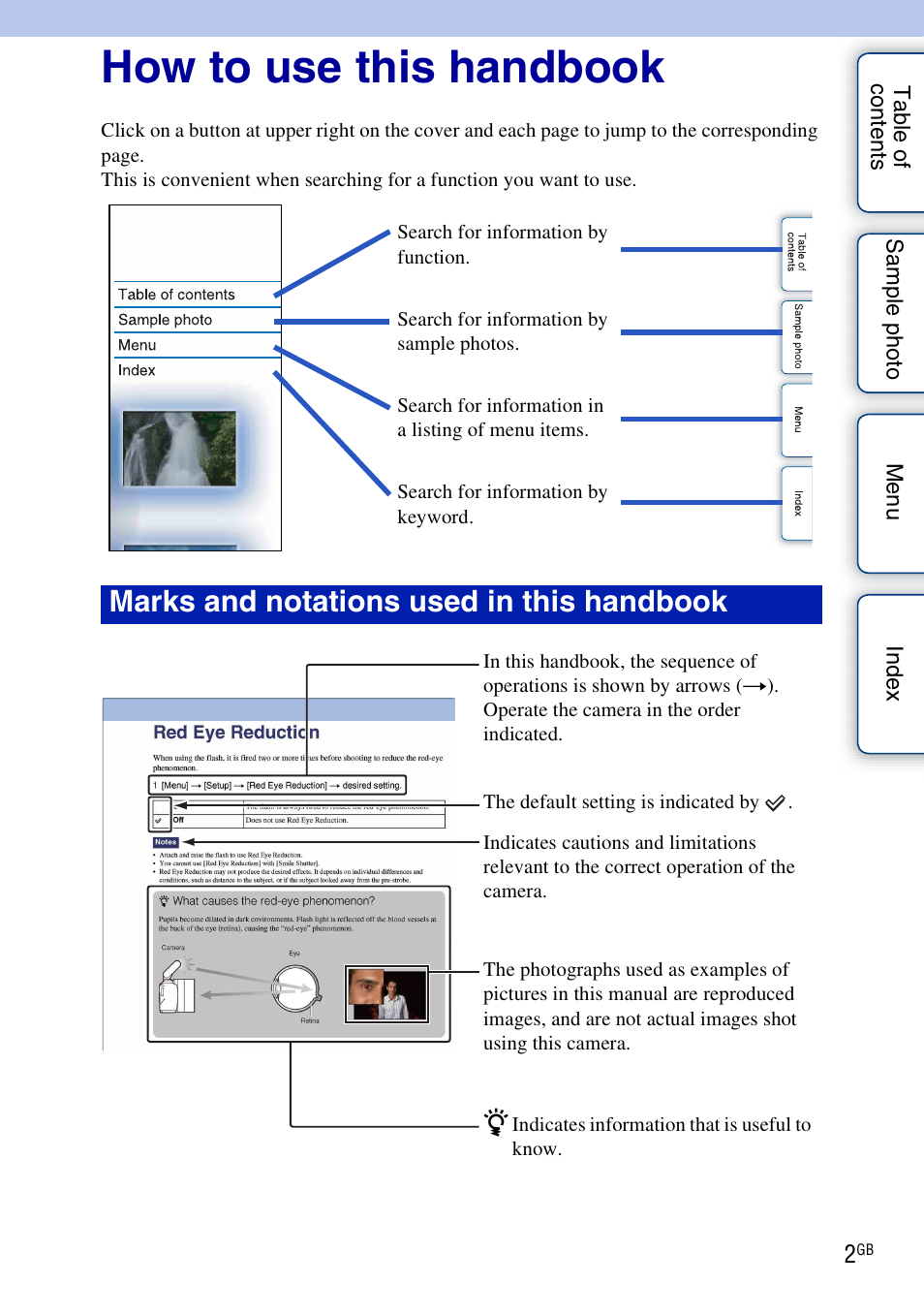 How to use this handbook, Marks and notations used in this handbook | Sony NEX-7K User Manual | Page 2 / 211