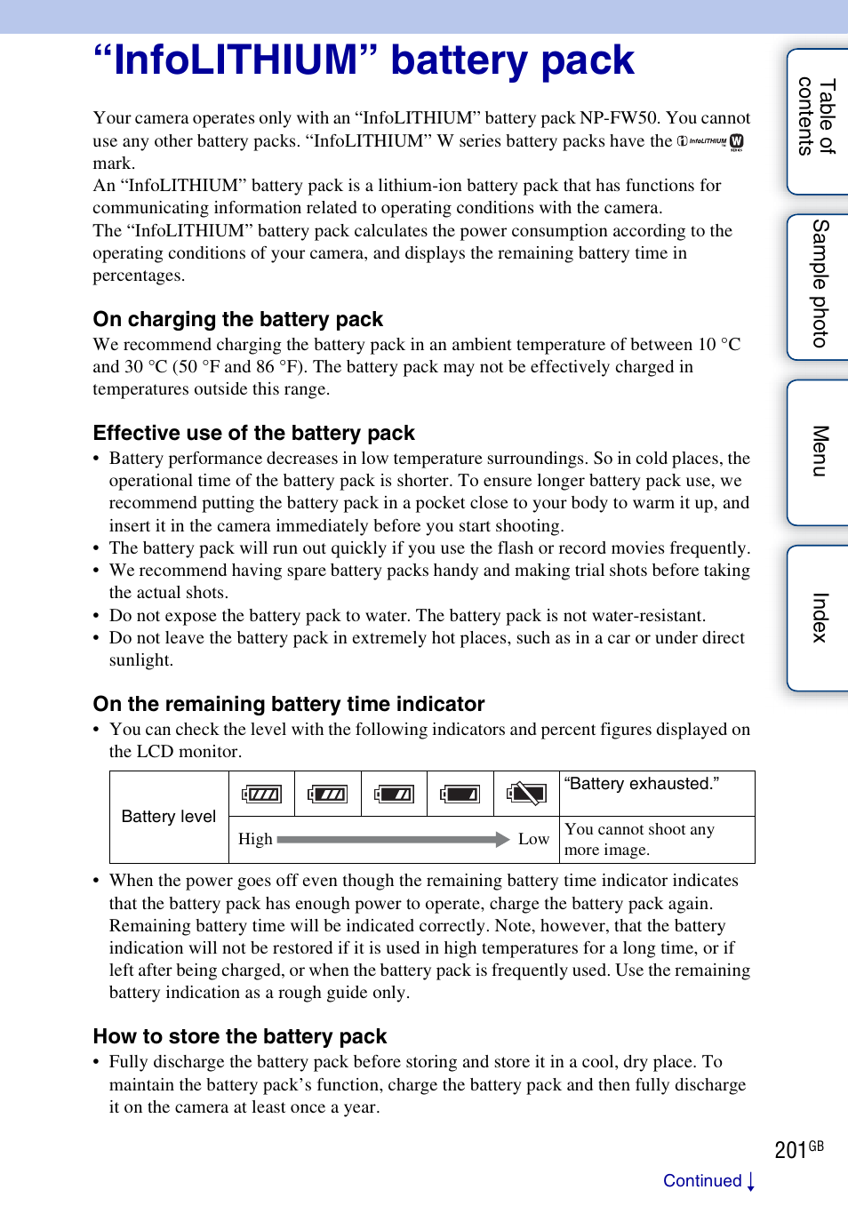 Infolithium” battery pack | Sony NEX-7K User Manual | Page 201 / 211