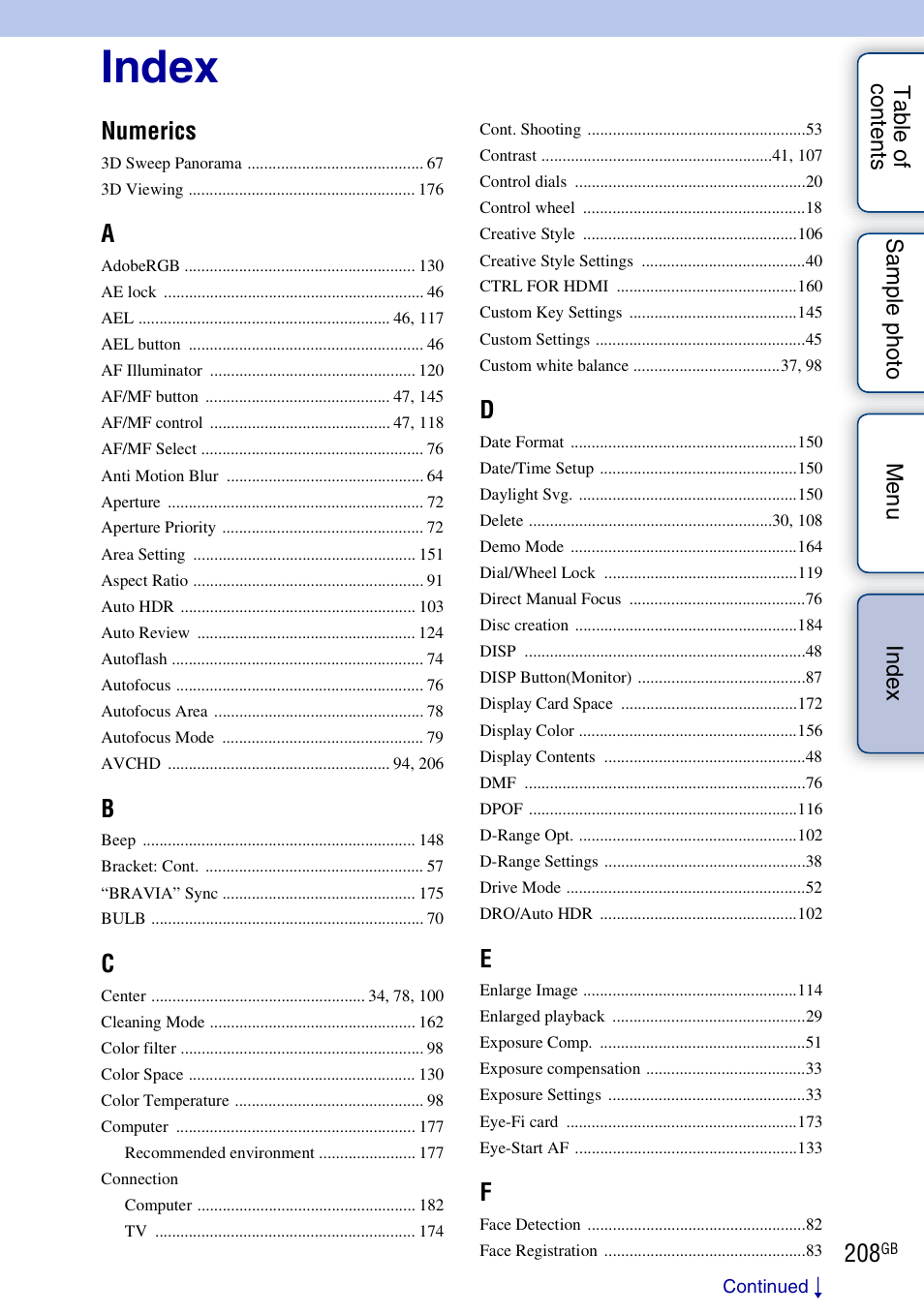 Index, Numerics | Sony NEX-7K User Manual | Page 208 / 211