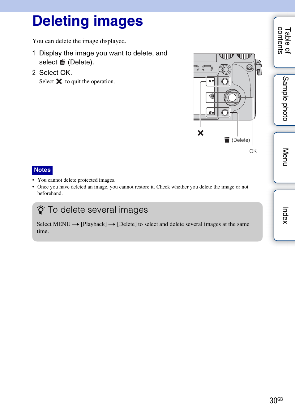 Deleting images | Sony NEX-7K User Manual | Page 30 / 211