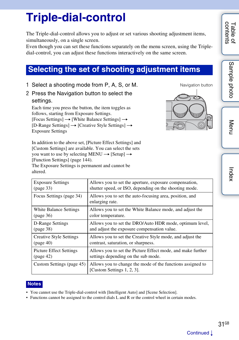 Triple-dial-control, Using the triple-dial-control function, S 31 t | 31 for m, Selecting the set of shooting adjustment items | Sony NEX-7K User Manual | Page 31 / 211