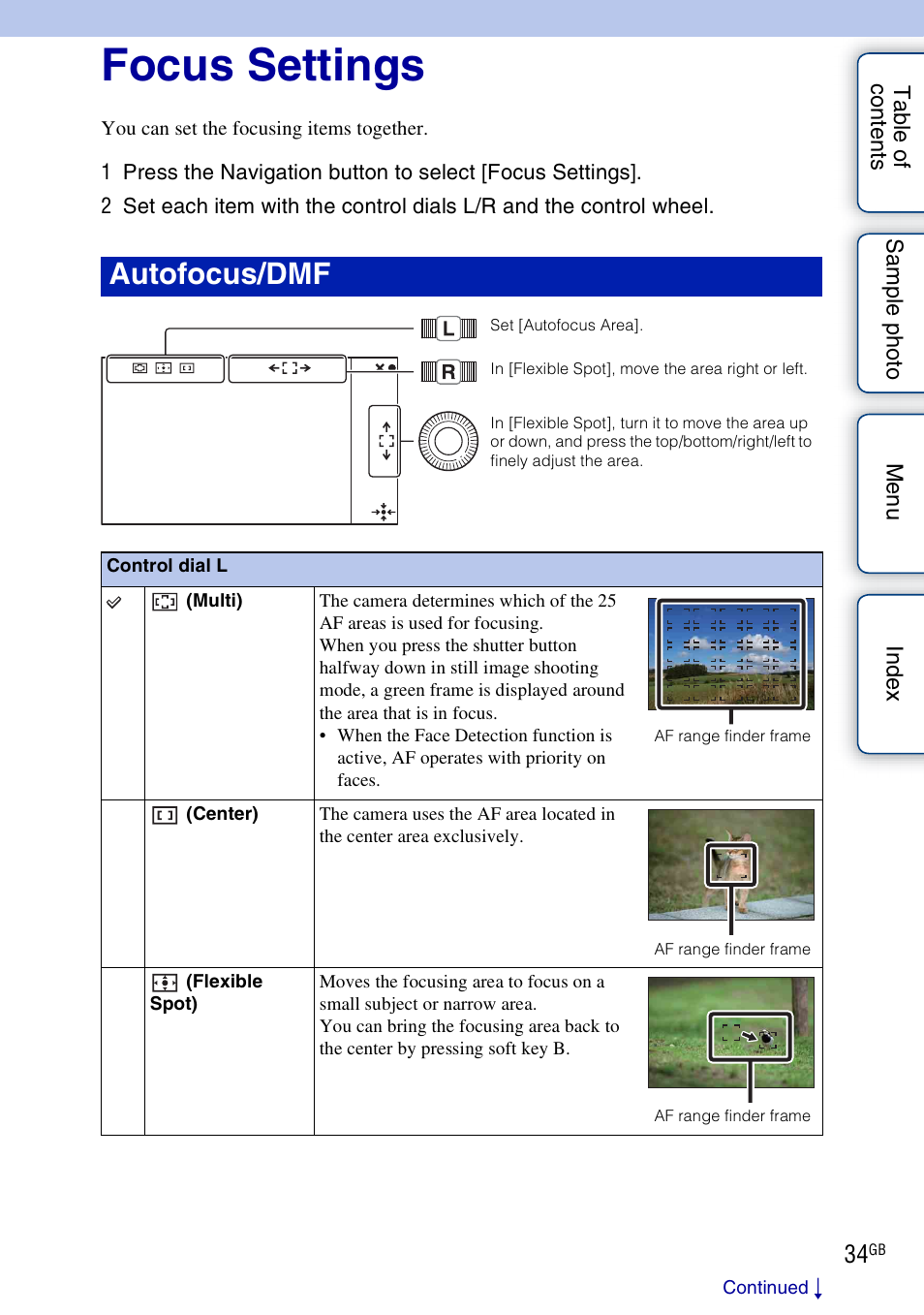 Focus settings, Autofocus/dmf | Sony NEX-7K User Manual | Page 34 / 211