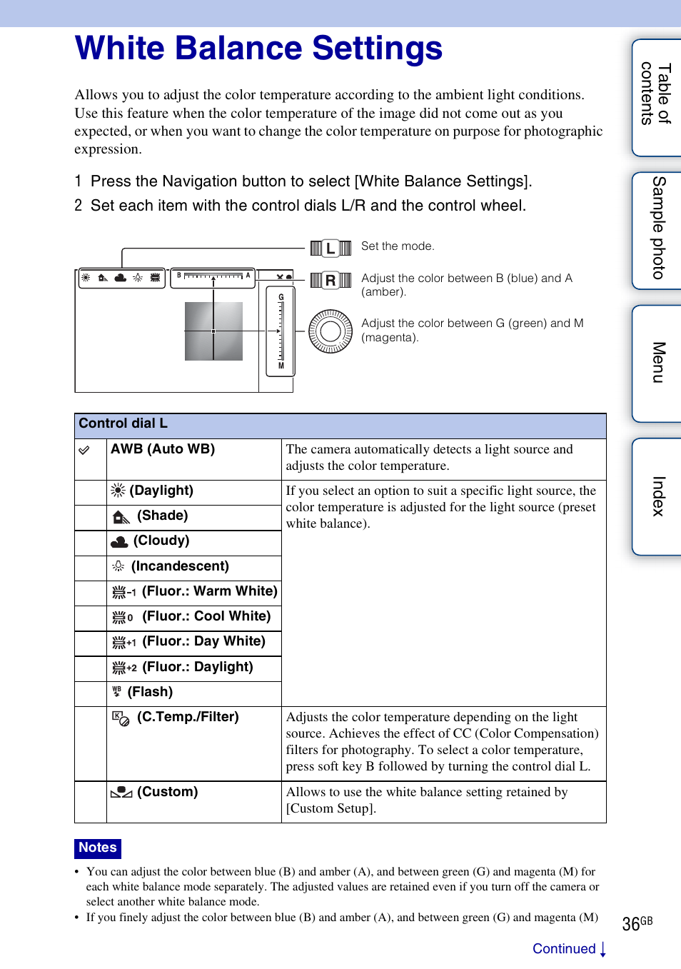 White balance settings | Sony NEX-7K User Manual | Page 36 / 211