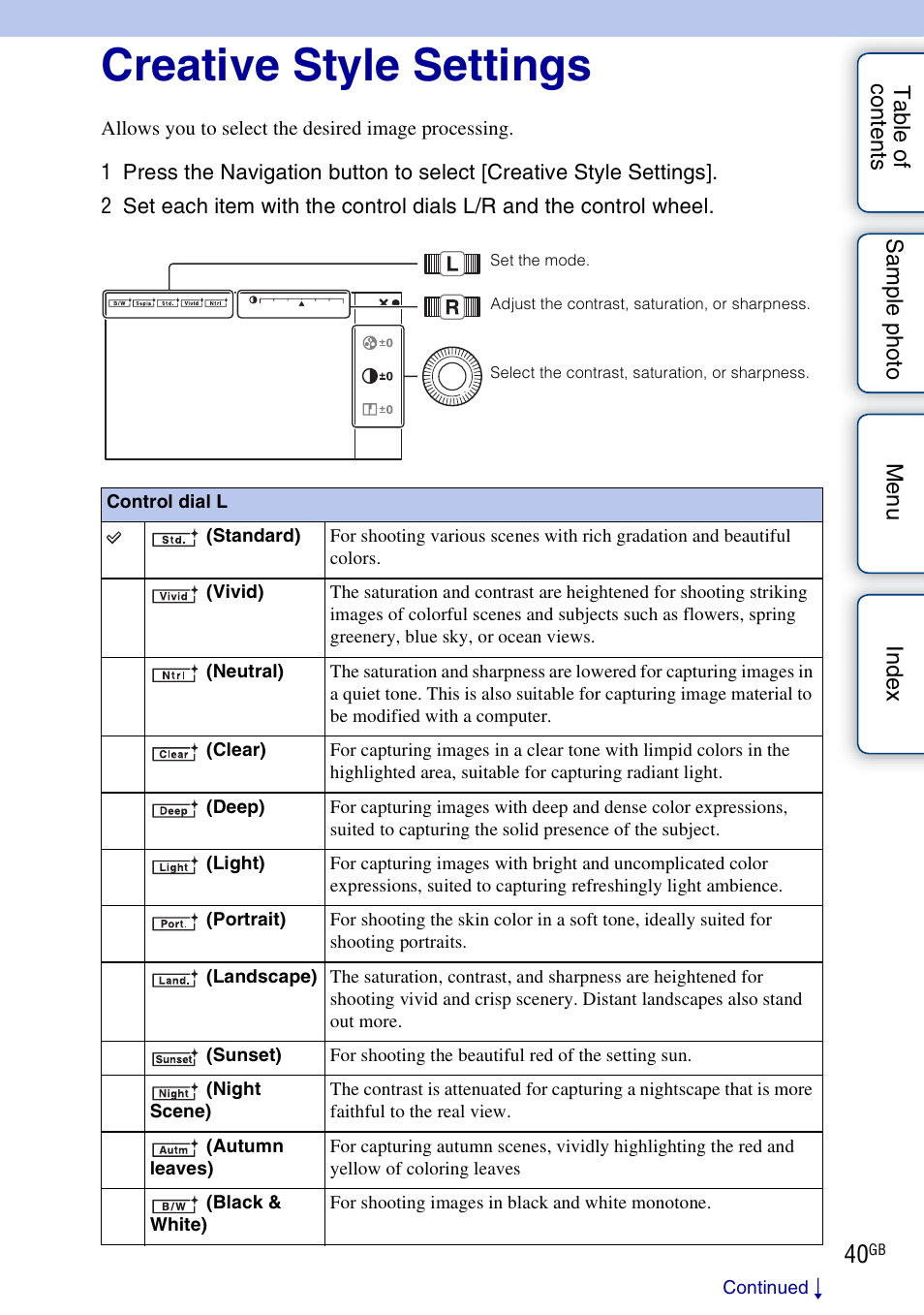 Creative style settings | Sony NEX-7K User Manual | Page 40 / 211