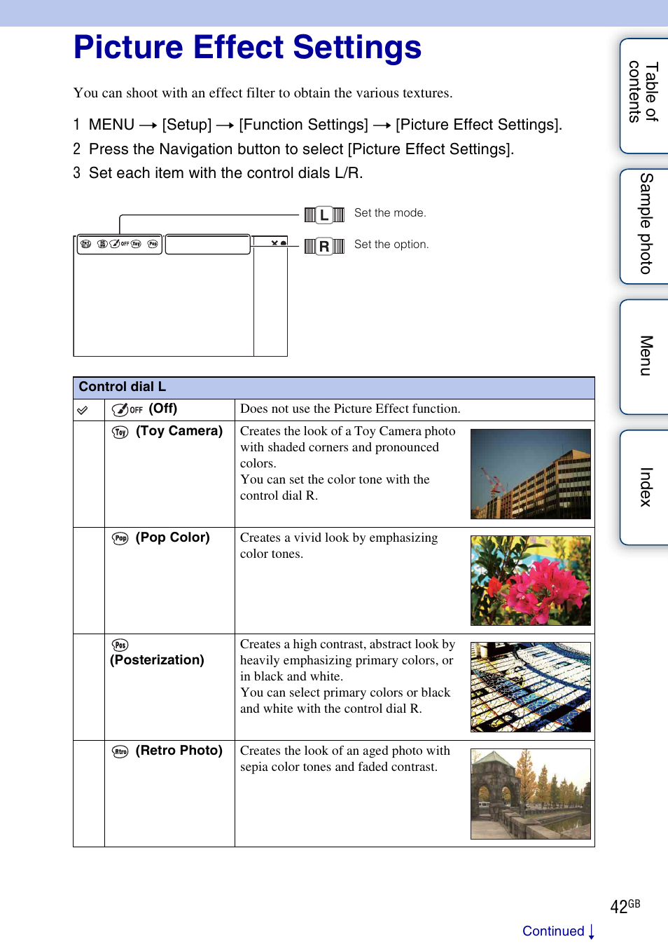 Picture effect settings | Sony NEX-7K User Manual | Page 42 / 211