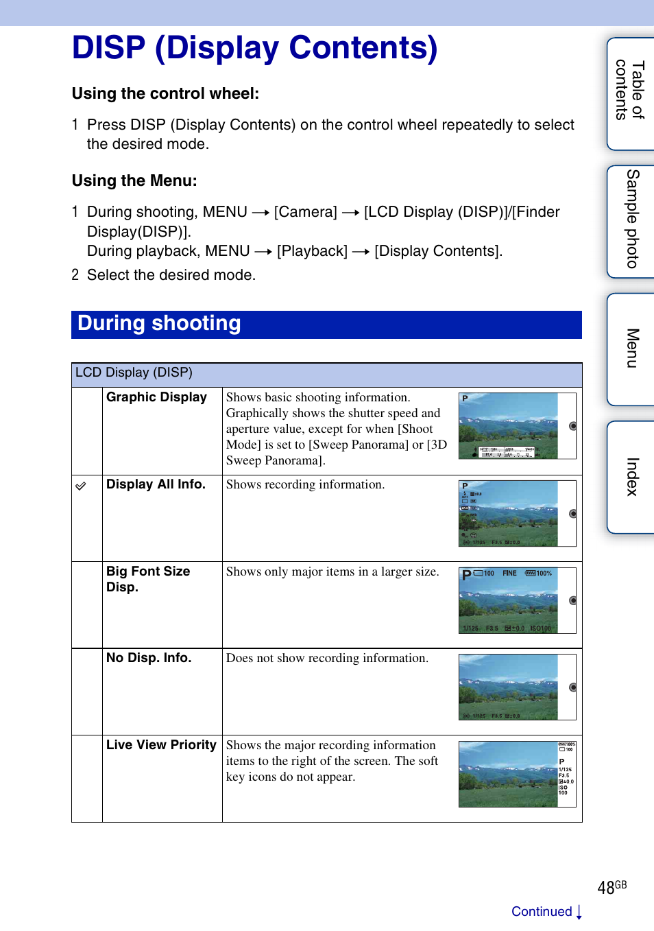 Disp (display contents), Using functions with the control wheel, Lcd display (disp) | During shooting | Sony NEX-7K User Manual | Page 48 / 211