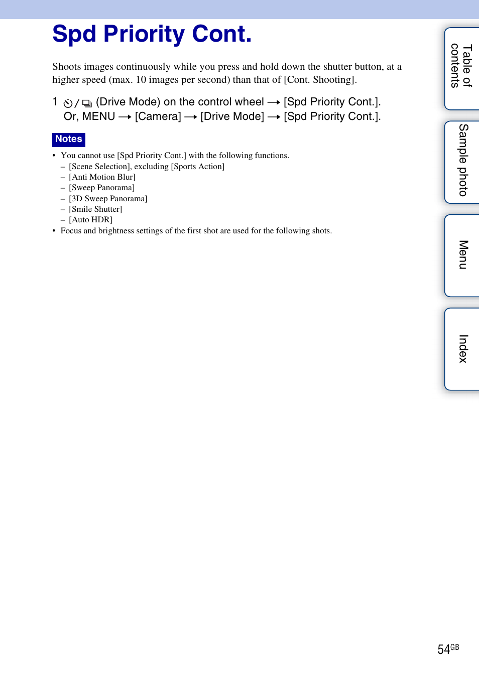 Spd priority cont | Sony NEX-7K User Manual | Page 54 / 211