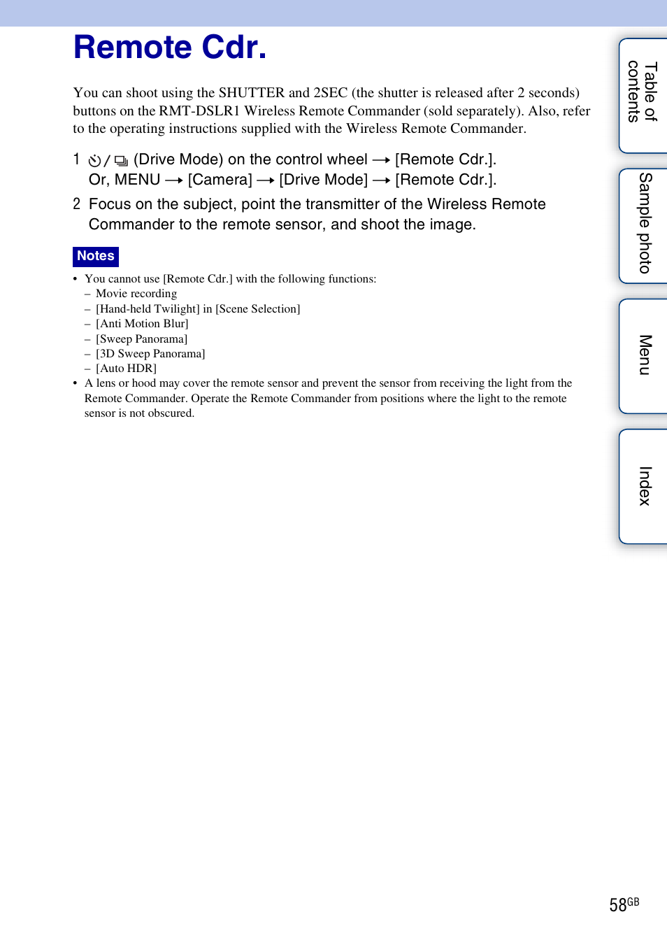 Remote cdr | Sony NEX-7K User Manual | Page 58 / 211
