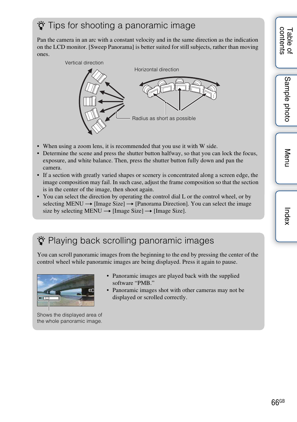 Tips for shooting a panoramic image, Playing back scrolling panoramic images | Sony NEX-7K User Manual | Page 66 / 211