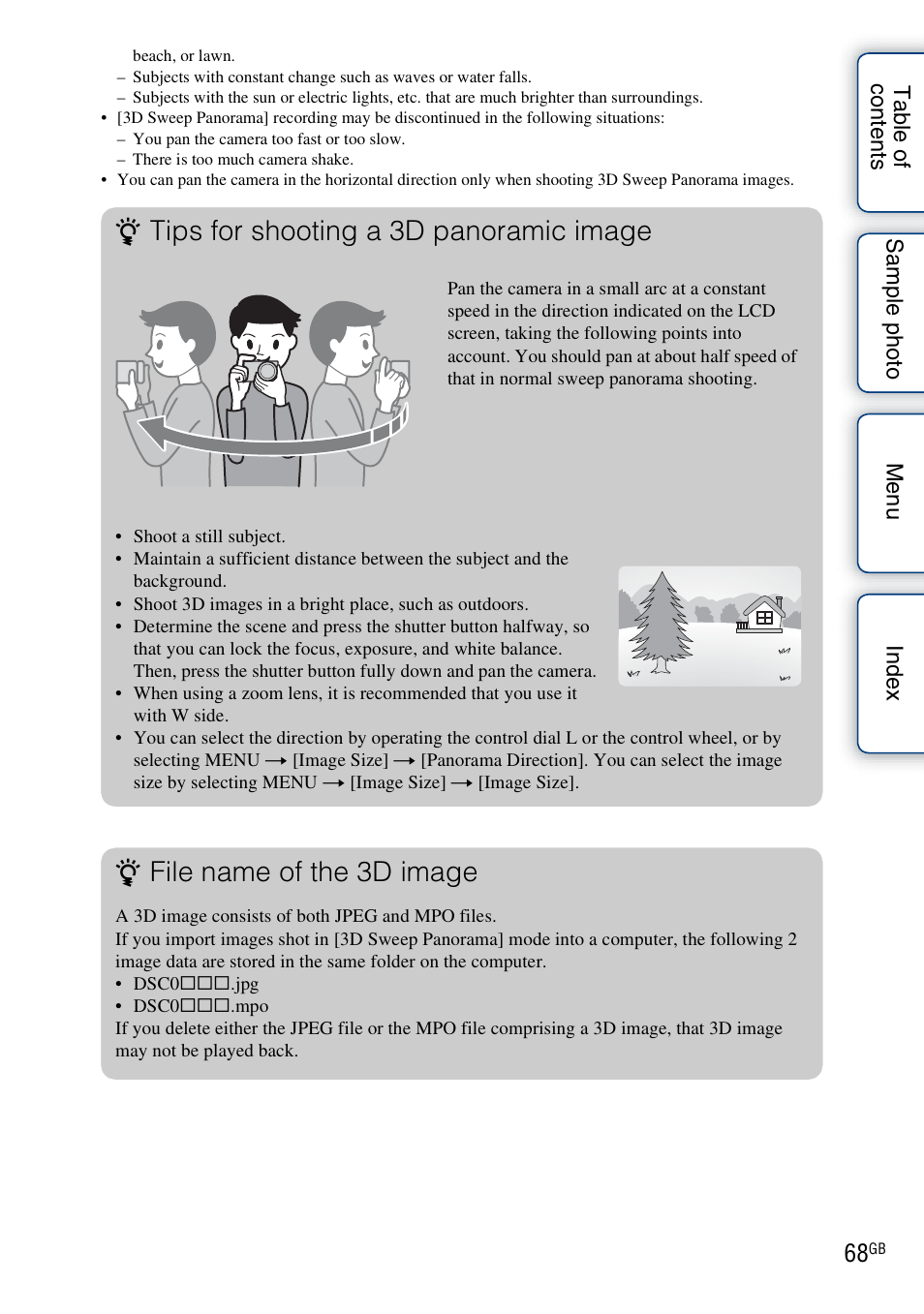 Tips for shooting a 3d panoramic image, File name of the 3d image | Sony NEX-7K User Manual | Page 68 / 211