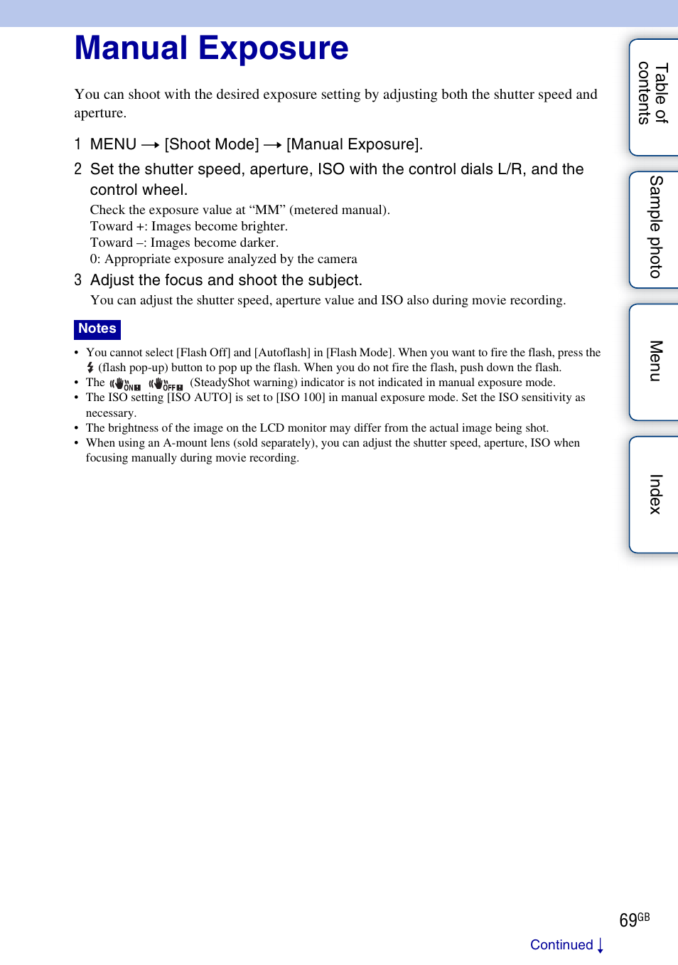 Manual exposure | Sony NEX-7K User Manual | Page 69 / 211