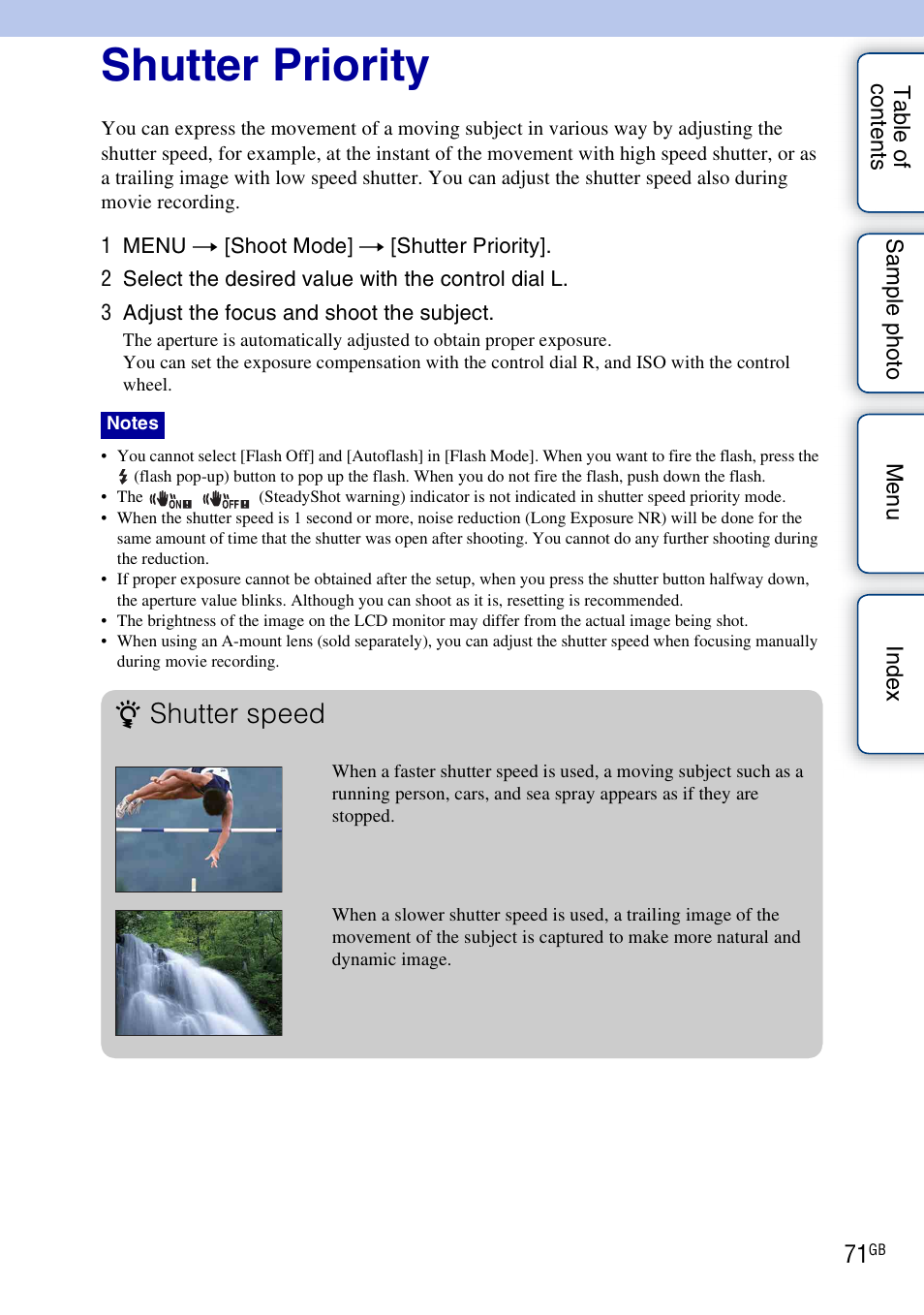 Shutter priority, Shutter speed | Sony NEX-7K User Manual | Page 71 / 211