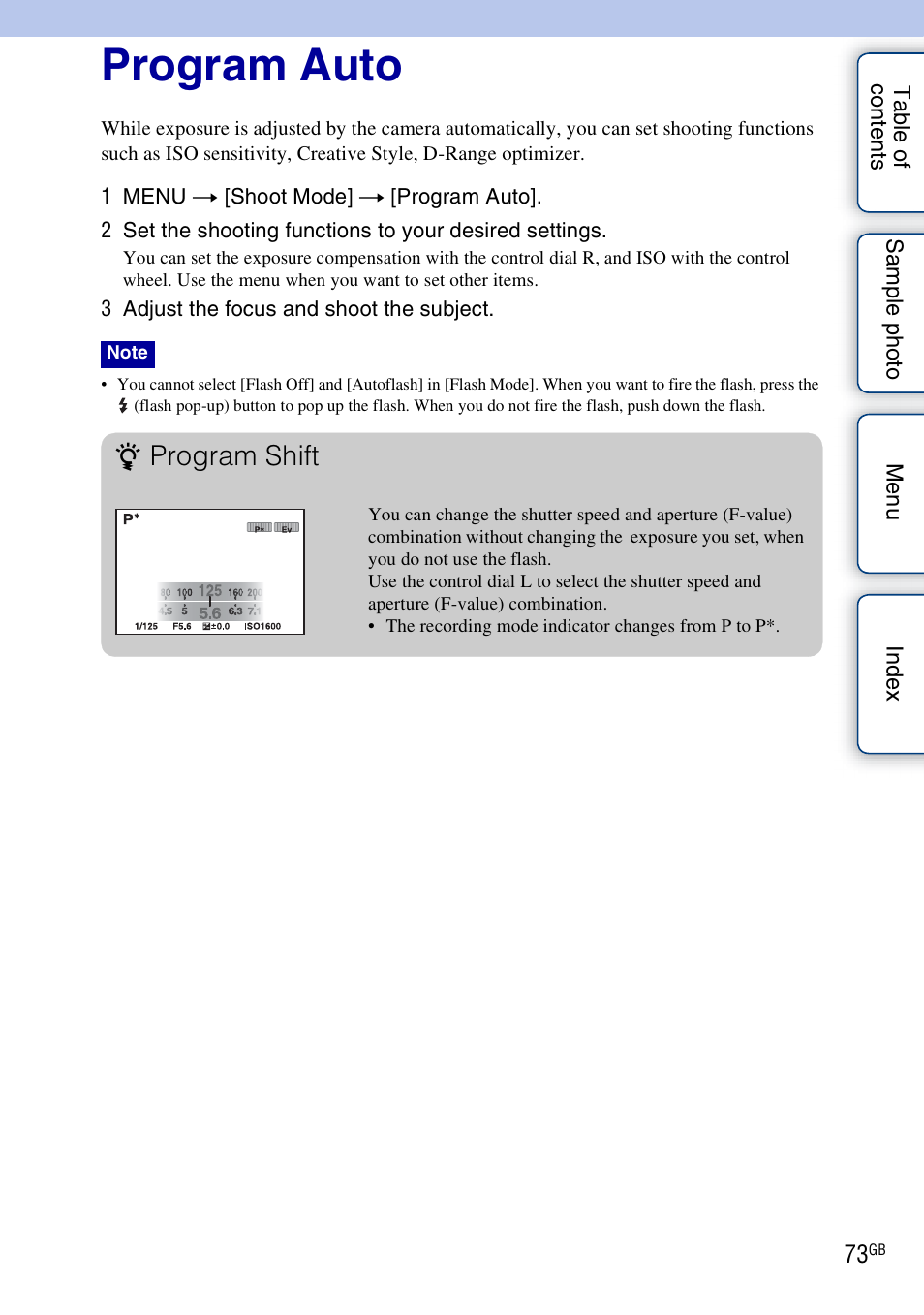 Program auto, Program shift | Sony NEX-7K User Manual | Page 73 / 211