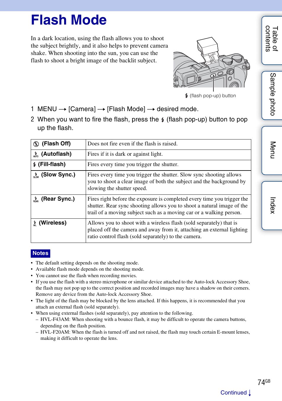 Flash mode, Nd (74 | Sony NEX-7K User Manual | Page 74 / 211