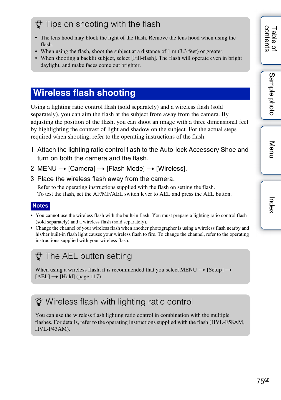 Wireless flash shooting, Tips on shooting with the flash, The ael button setting | Wireless flash with lighting ratio control | Sony NEX-7K User Manual | Page 75 / 211