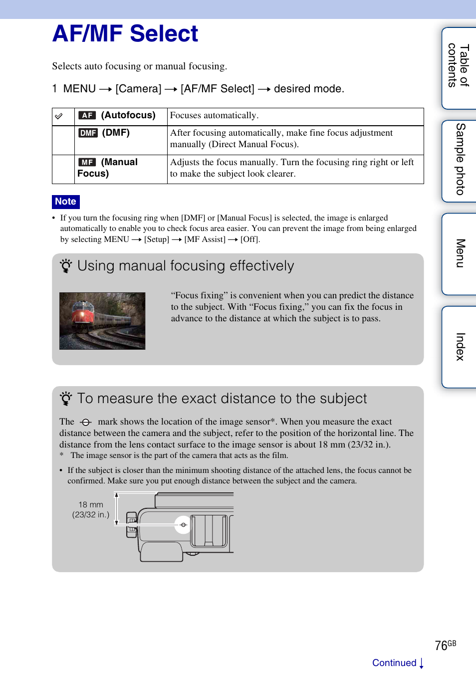 Af/mf select, Rk (76), Using manual focusing effectively | Sony NEX-7K User Manual | Page 76 / 211