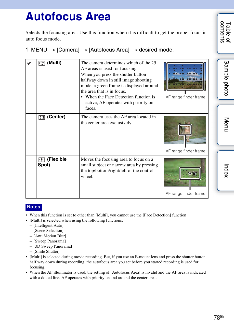 Autofocus area | Sony NEX-7K User Manual | Page 78 / 211