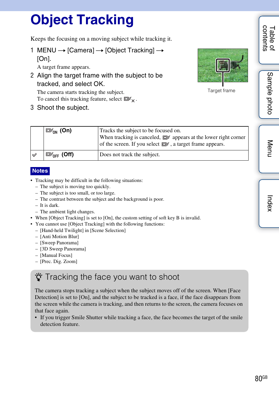 Object tracking, Tracking the face you want to shoot | Sony NEX-7K User Manual | Page 80 / 211