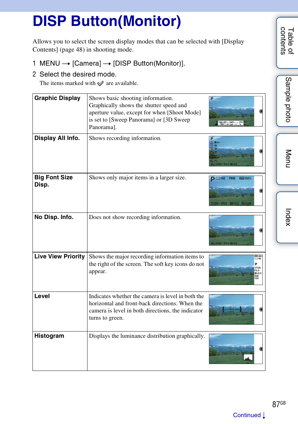 Disp button(monitor) | Sony NEX-7K User Manual | Page 87 / 211