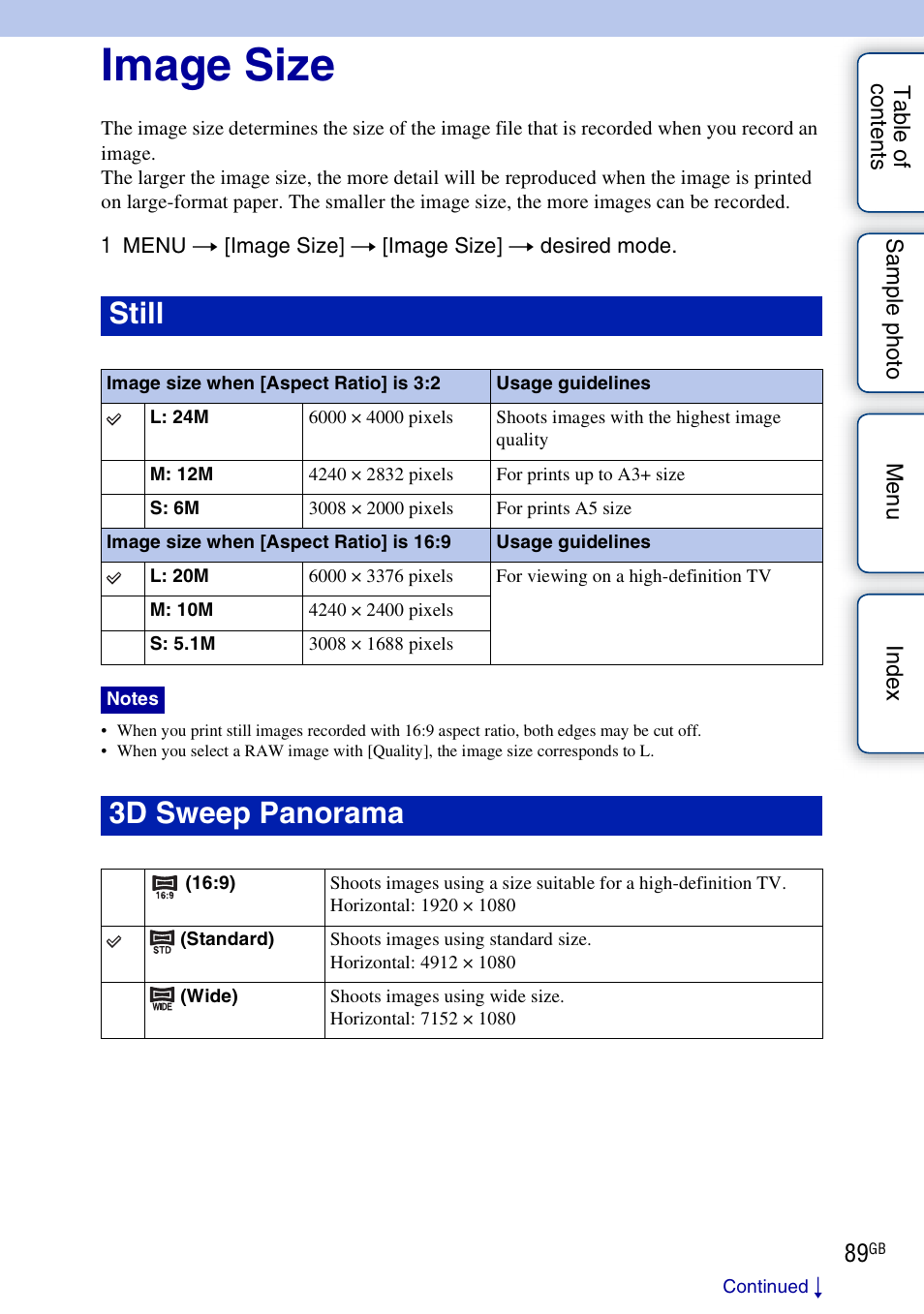 Image size, Still, 3d sweep panorama | Sony NEX-7K User Manual | Page 89 / 211