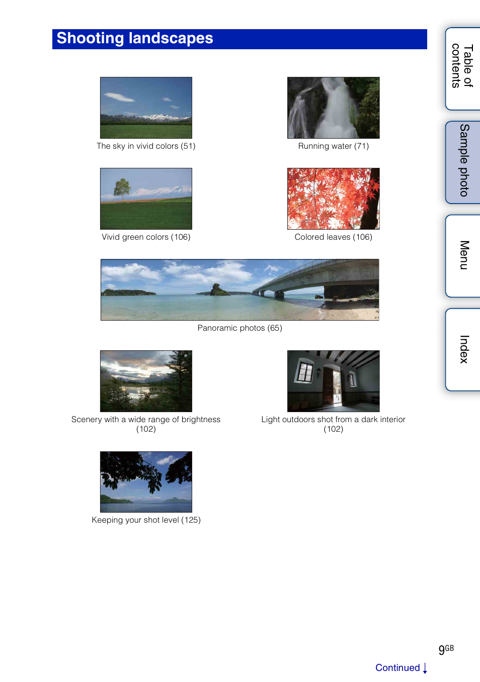 Shooting landscapes (p, E 9) | Sony NEX-7K User Manual | Page 9 / 211