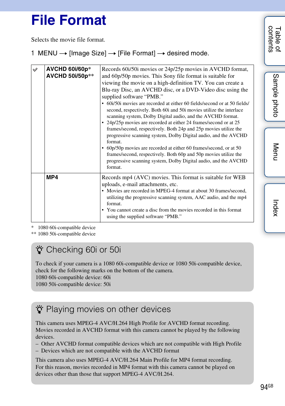 File format, Checking 60i or 50i, Playing movies on other devices | Sony NEX-7K User Manual | Page 94 / 211