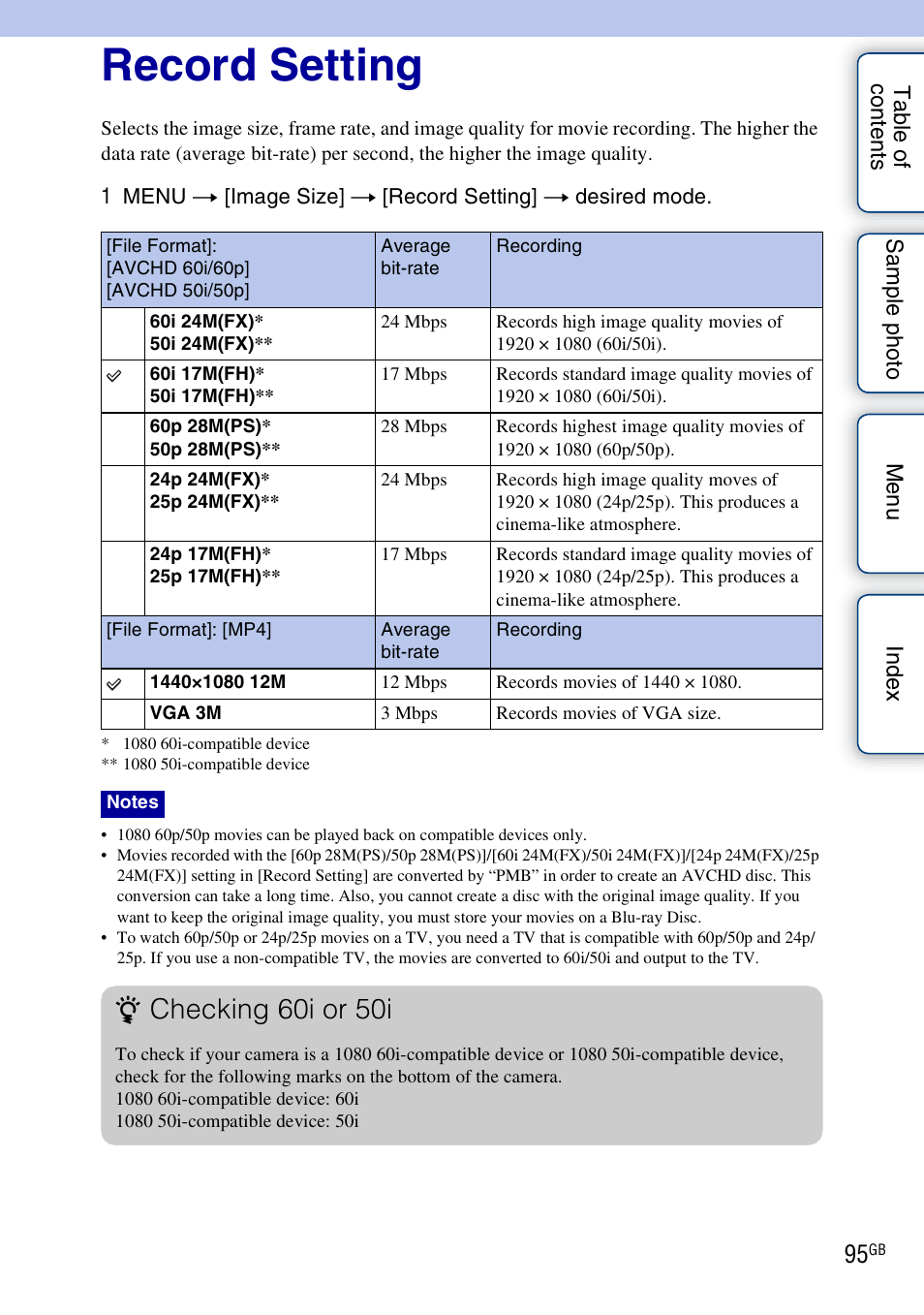 Record setting, Checking 60i or 50i | Sony NEX-7K User Manual | Page 95 / 211