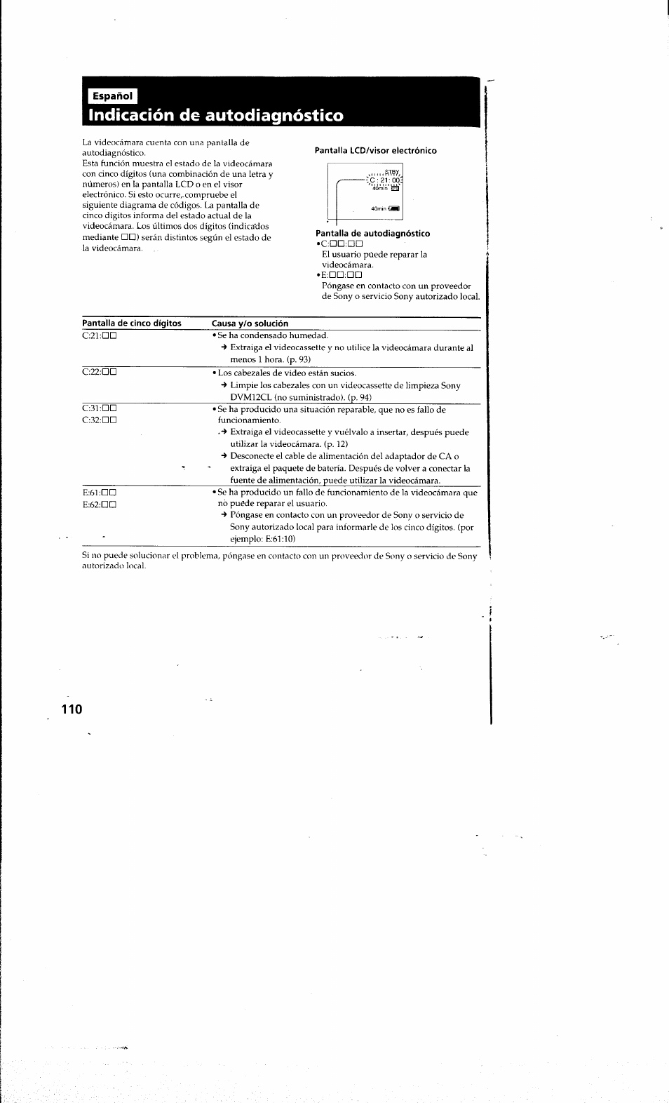 Indicación de autodiagnóstico, Pantalla lcd/visor electrónico, Pantalla de autodiagnóstico | Sony DCR-PC10 User Manual | Page 108 / 122