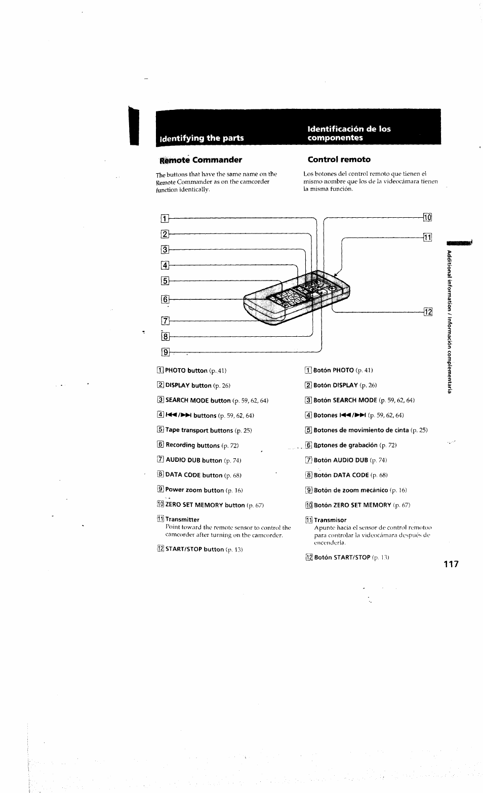 Remote commander, Control remoto, 0t| transmisor | Sony DCR-PC10 User Manual | Page 115 / 122