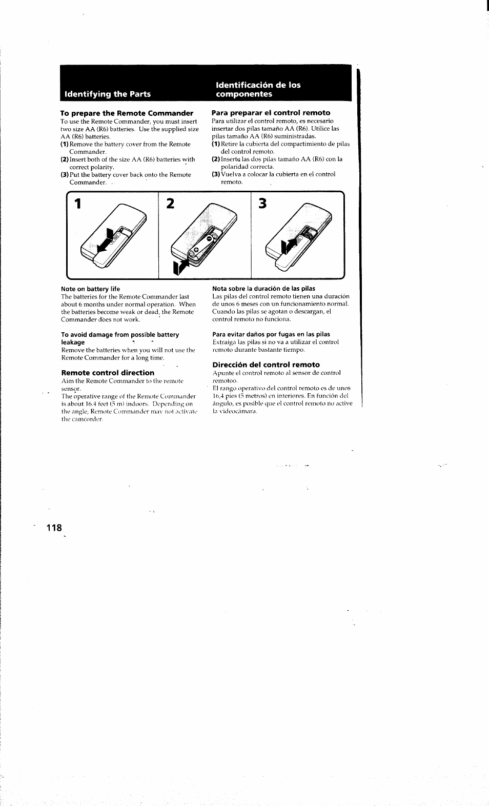 To prepare the remote commander, Para preparar el control remoto, Note on battery life | To avoid damage from possible battery leakage, Remote control direction, Nota sobre la duración de las pilas, Para evitar daños por fugas en las pilas, Dirección del control remoto | Sony DCR-PC10 User Manual | Page 116 / 122