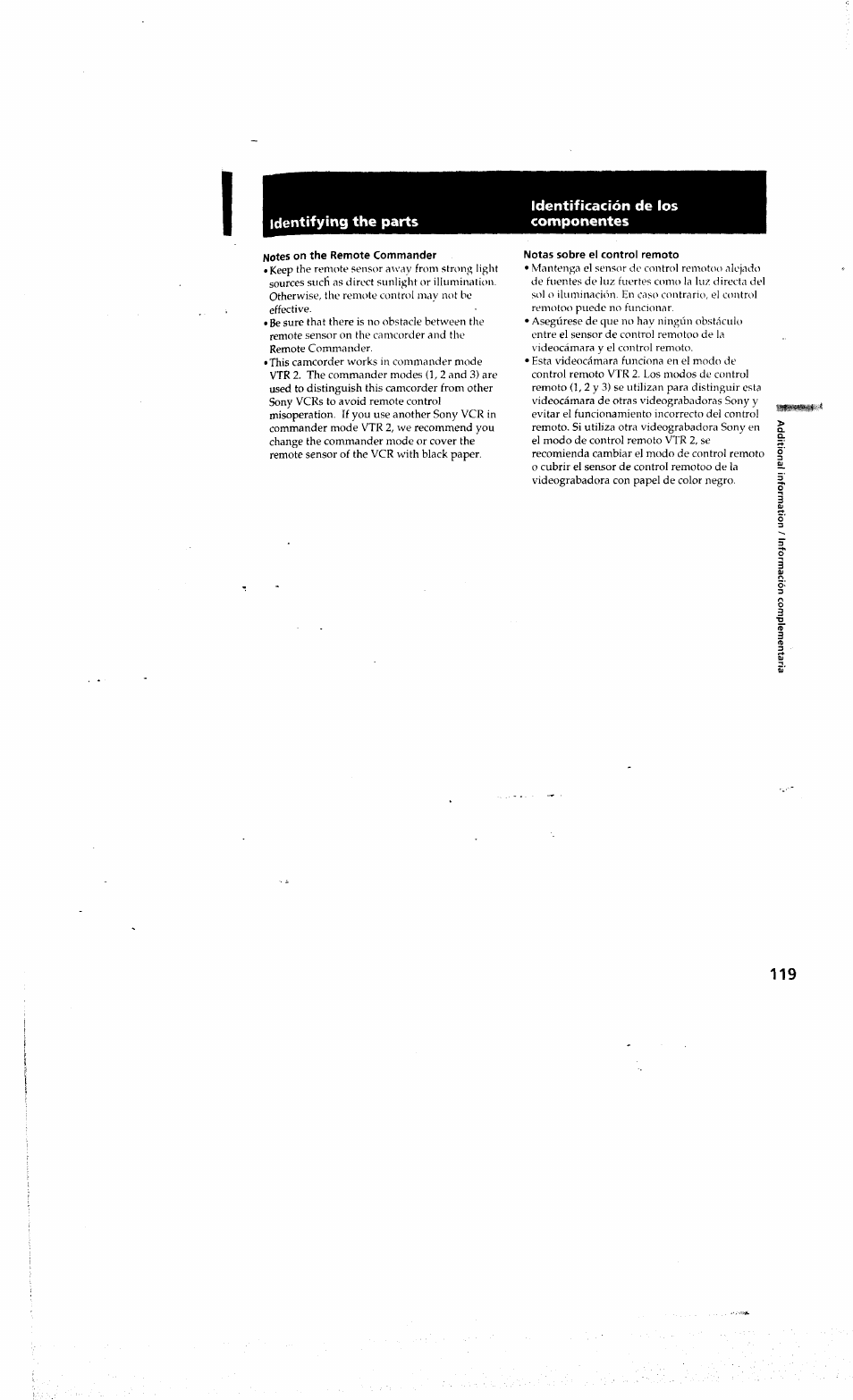 Notes on the remote commander, Notas sobre el control remoto | Sony DCR-PC10 User Manual | Page 117 / 122