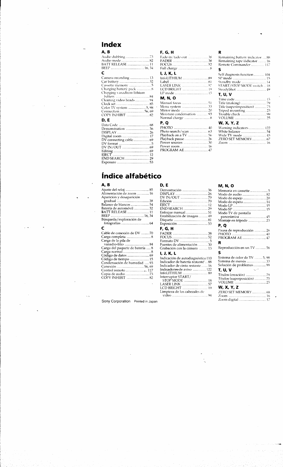 Index, Índice alfabético | Sony DCR-PC10 User Manual | Page 122 / 122