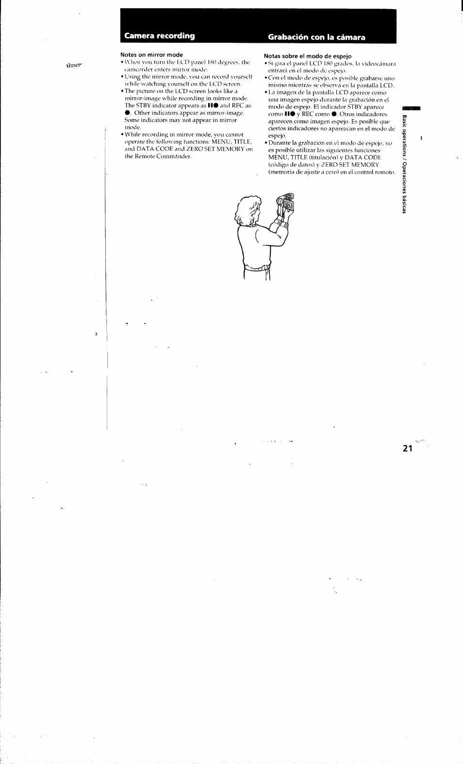 Notes on mirror mode, Notas sobre el modo de espejo, Camera recording grabación con la cámara | Sony DCR-PC10 User Manual | Page 19 / 122