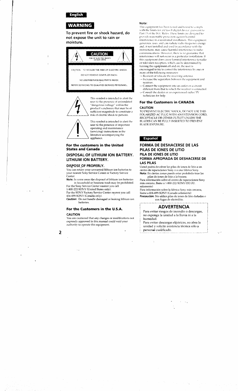 English, For the customers in the united states and canada, For the customers in the u.s.a | Caution, For the customers in canada, Español, Warning, Advertencia, Forma de deshacerse de las pilas de iones de litio | Sony DCR-PC10 User Manual | Page 2 / 122