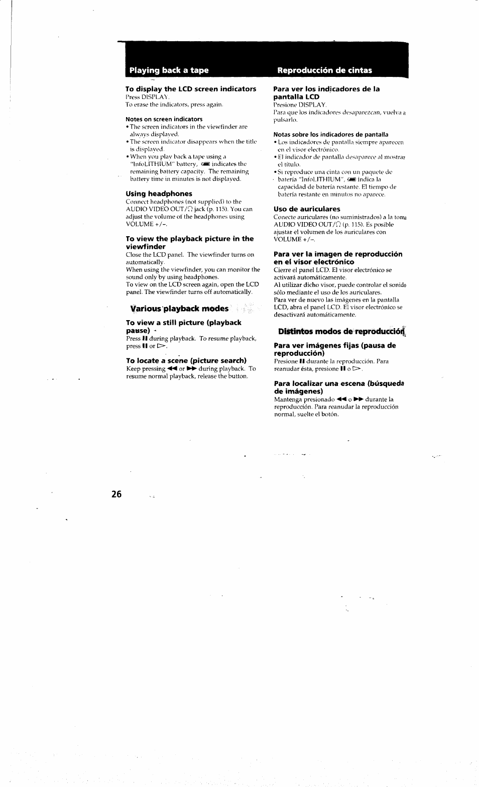 Notas sobre los indicadores de pantalla, Distinta modos de reproducció | Sony DCR-PC10 User Manual | Page 24 / 122