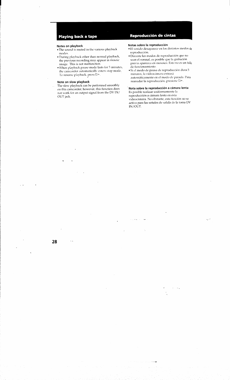 Notes on playback, Note on slow playback, Notas sobre la reproducción | Nota sobre la reproducción a cámara lenta, Playing back a tape reproducción de cintas | Sony DCR-PC10 User Manual | Page 26 / 122