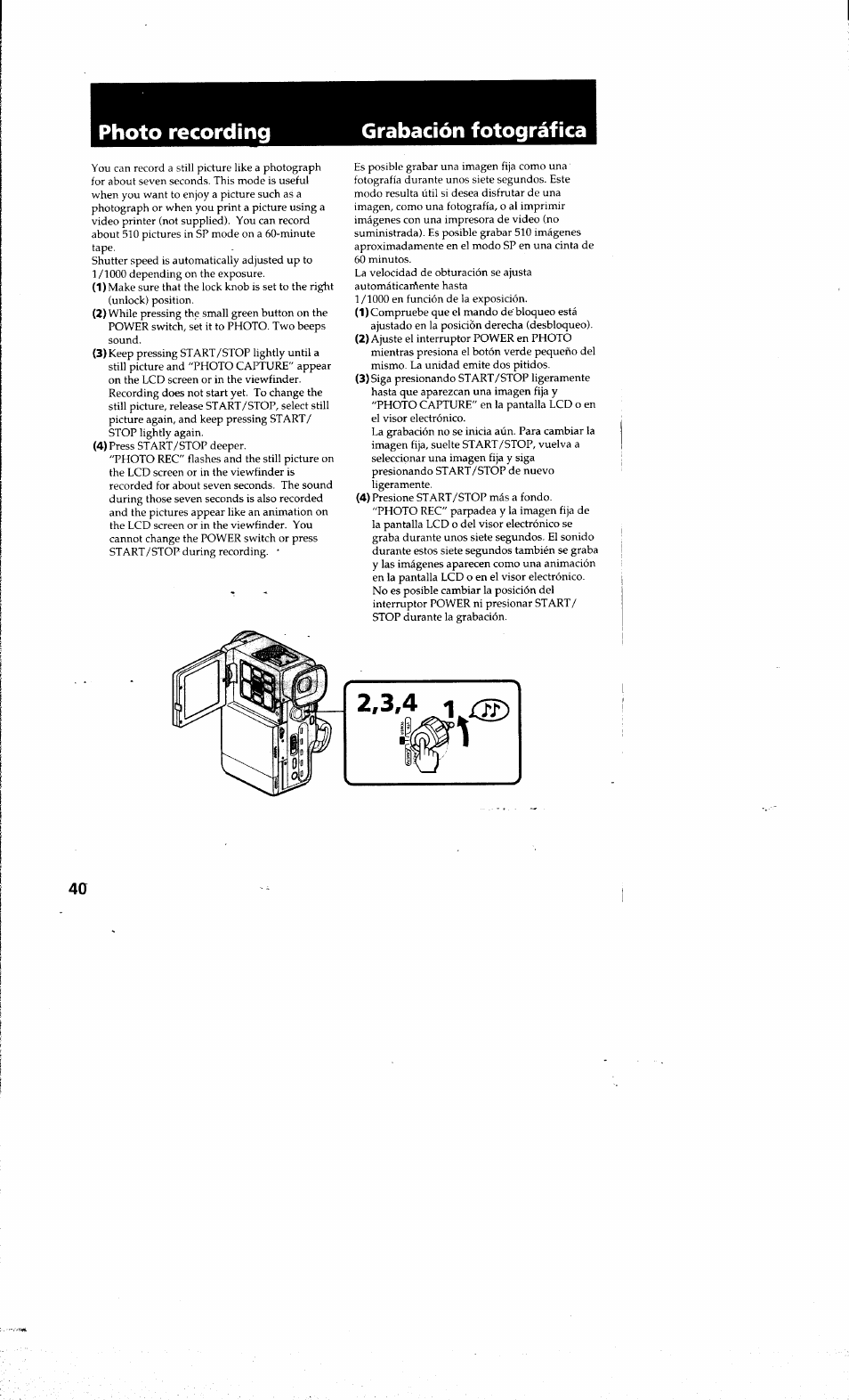 Grabación fotográfica, Photo recording grabación fotográfica | Sony DCR-PC10 User Manual | Page 38 / 122