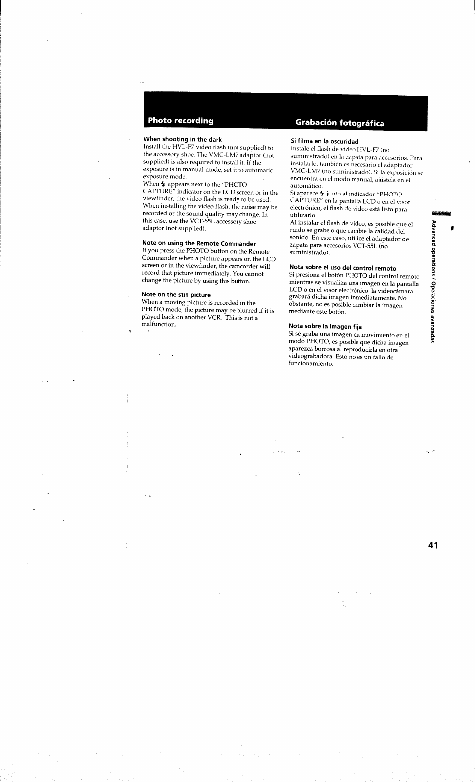 When shooting in the dark, Note on using the remote commander, Note on the still picture | Si filma en la oscuridad, Nota sobre el uso del control remoto, Nota sobre la imagen fija, Photo recording grabación fotográfica | Sony DCR-PC10 User Manual | Page 39 / 122