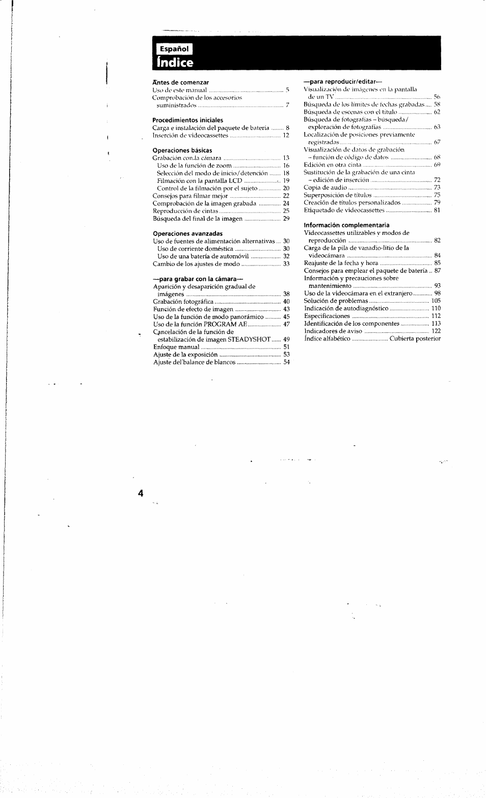 Índice | Sony DCR-PC10 User Manual | Page 4 / 122
