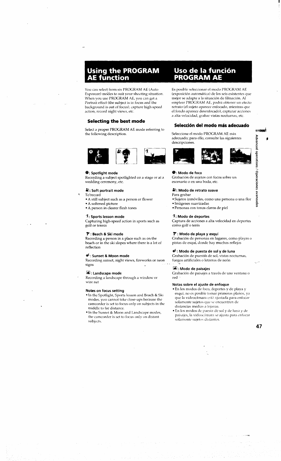 Using the program uso de la función, Ae function program ae, Selecting the best mode | Selección del modo más adecuado, Spotlight mode, Fie: soft portrait mode, Sports lesson mode, Beach & ski mode, Sunset & moon mode, Landscape mode | Sony DCR-PC10 User Manual | Page 45 / 122