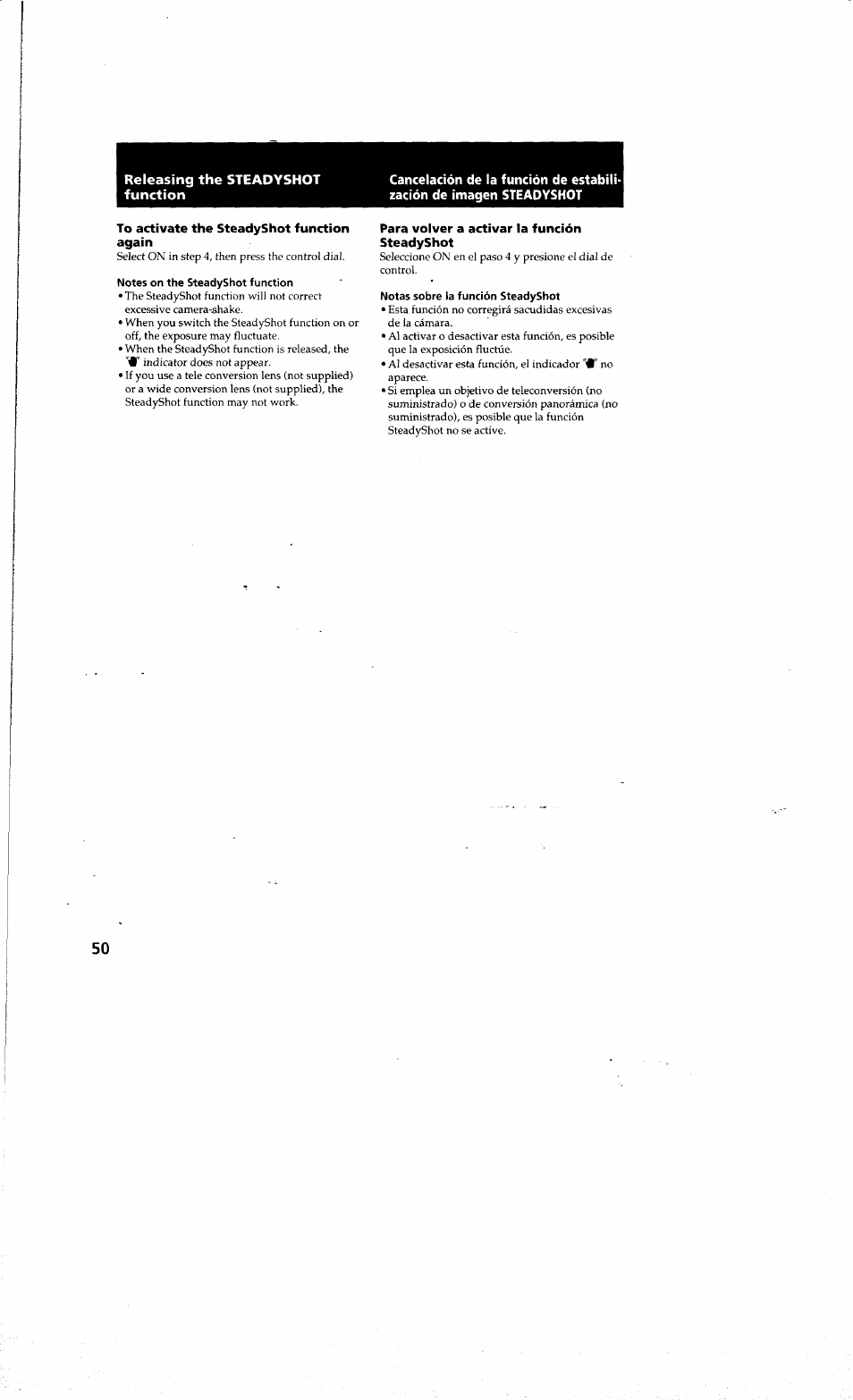 To activate the steadyshot function again, Notes on the steadyshot function, Para volver a activar la función steadyshot | Notas sobre la función steadyshot, Releasing the steadyshot function | Sony DCR-PC10 User Manual | Page 48 / 122