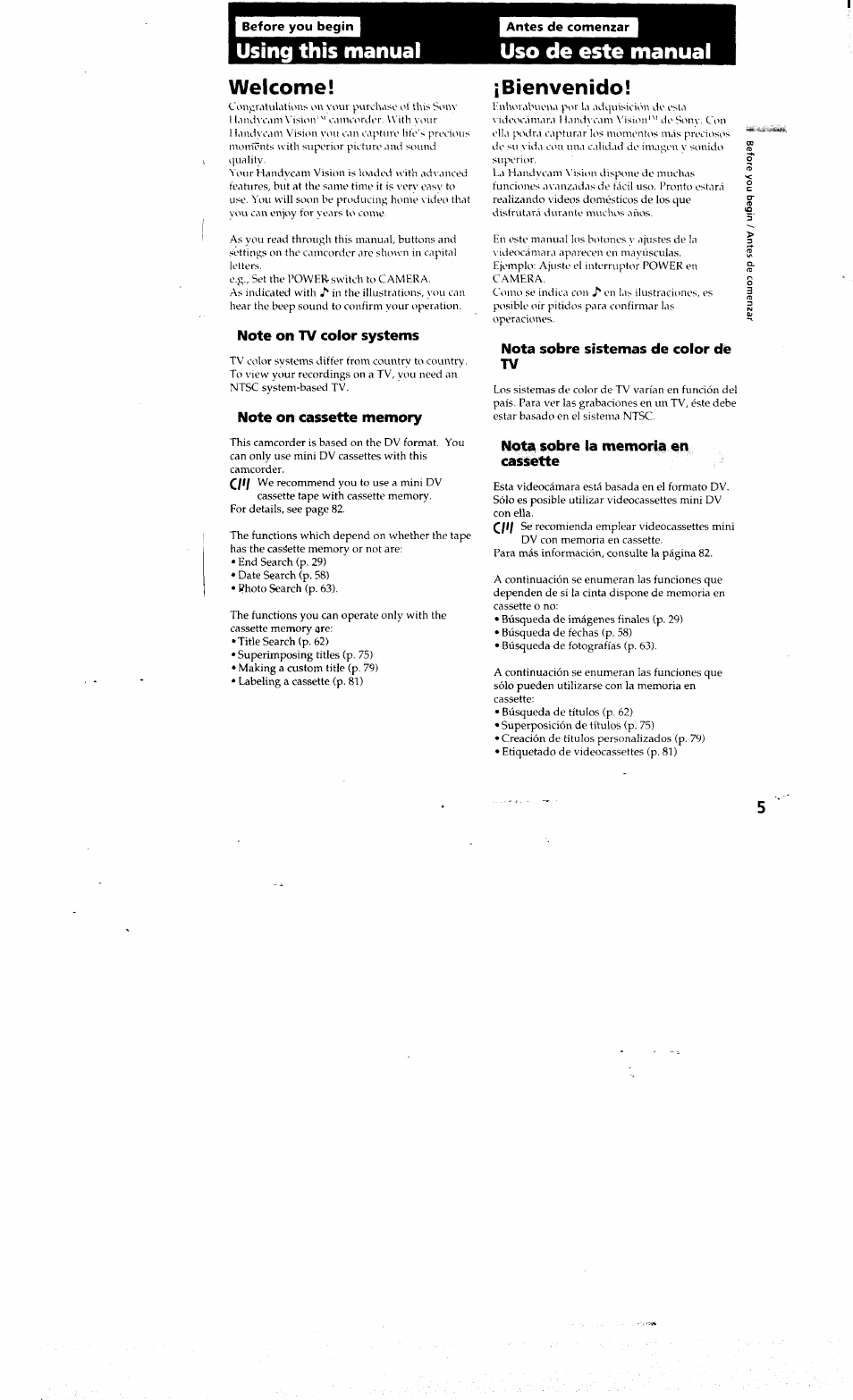 Using this manual, Welcome, Note on tv color systems | Note on cassette memory, Uso de este manual, Bienvenido, Nota sobre sistemas de color de tv, Nota sobre la memoria en cassette, Using this manual welcome, Uso de este manual ¡bienvenido | Sony DCR-PC10 User Manual | Page 5 / 122